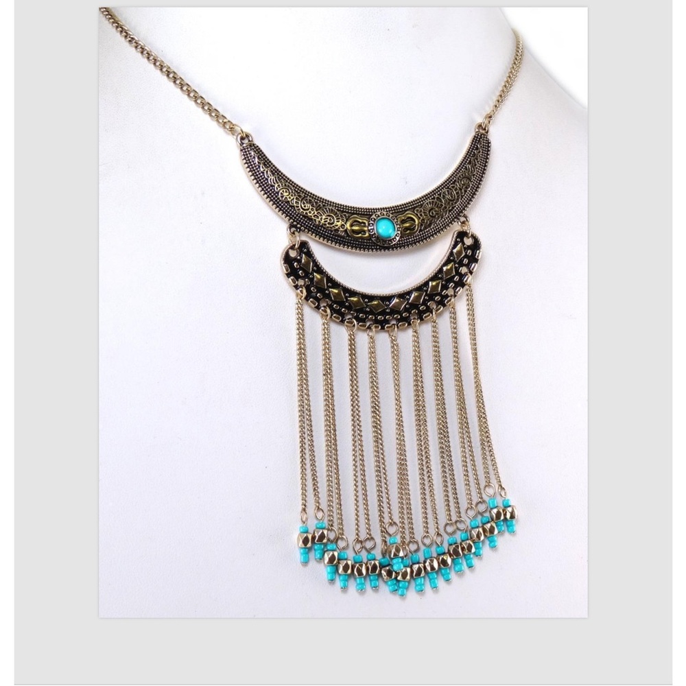 Womens Necklace Turquoise Gold Statement Jewelry Chain Tassel Fringe Alloy